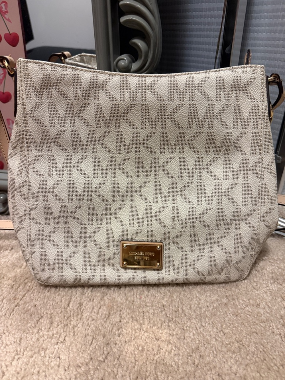 Michael Kors Beige & White Logo Crossbody Shoulder Bag